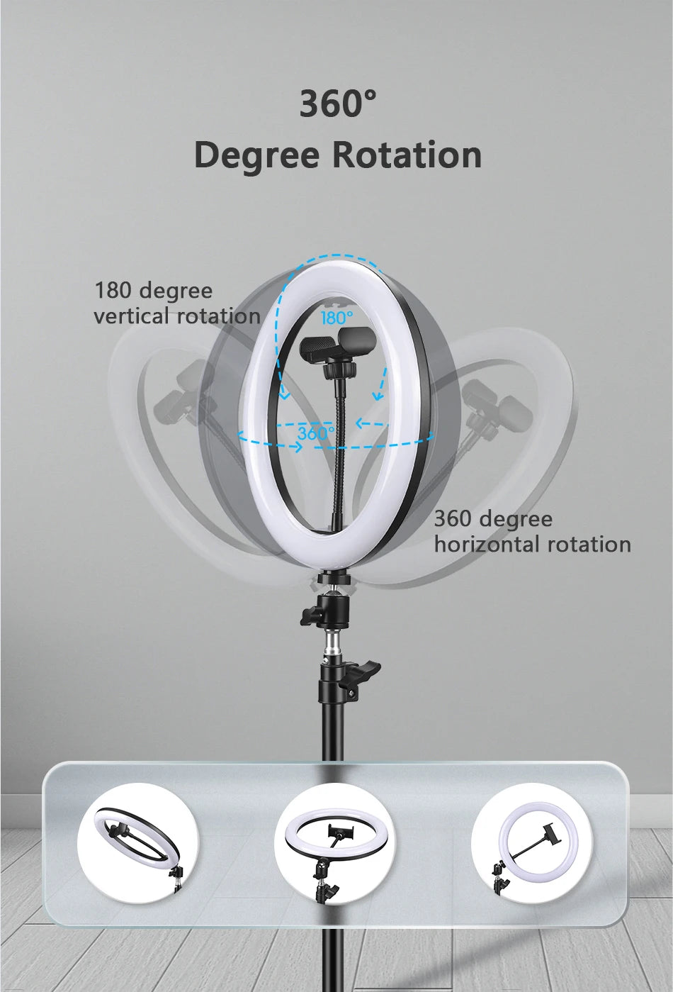 White ring light with a central phone mount on a black stand, showing 360-degree rotation for photography and video.