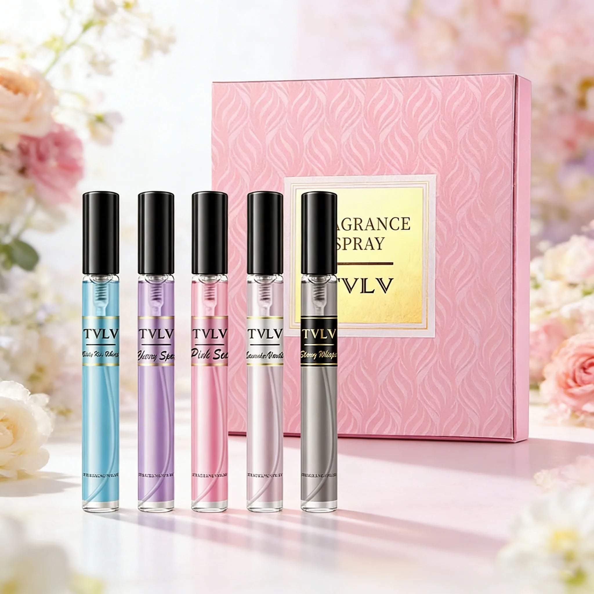 TVLV Brazilian body fragrance gift set: 5 slim glass spray bottles, fresh floral & sweet scents for women in gift box.