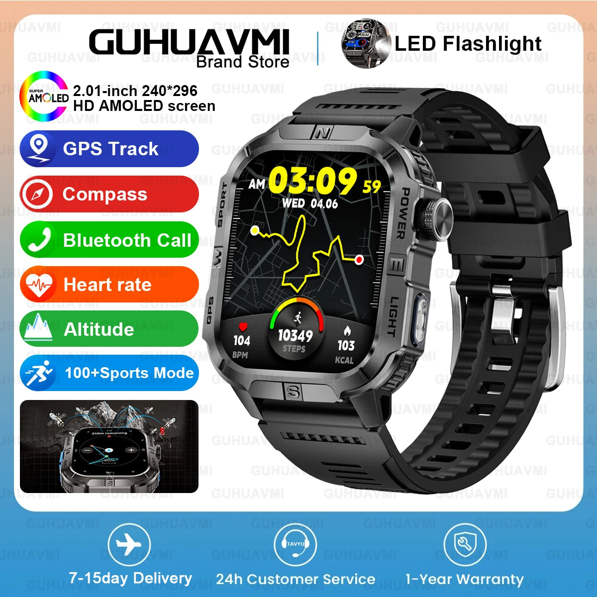 2026New Outdoor Military Men's Smartwatch, Equipped With GPS LED Lighting, Compass, Wireless Communication IP68 Waterproof Watch