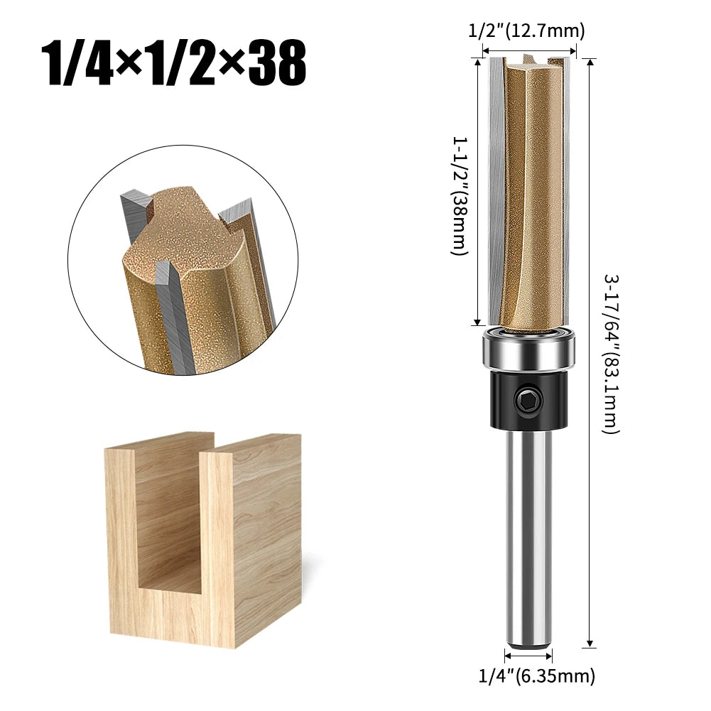 3-edge straight router bit with bearing, 6.35mm shank, gold carbide, 1/4x1/2x38