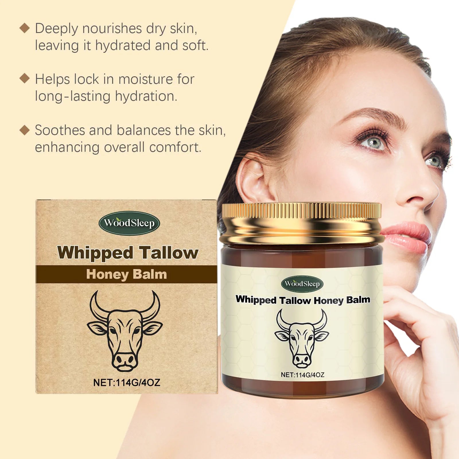 Whipped Grass Fed Beef Tallow Honey Balm Deep Hydration Face Cream Smooth Lightweight Moisturizing Nourishing Firming Skin Care