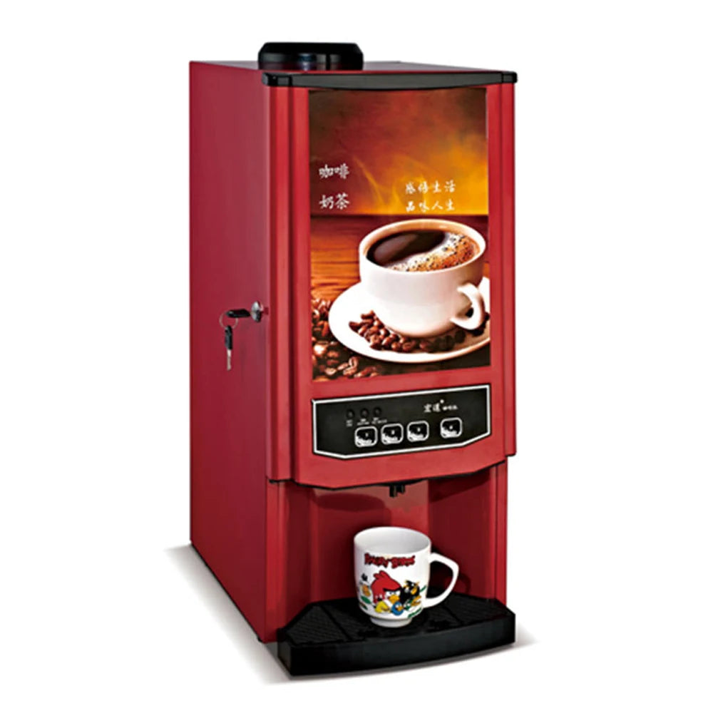 Red industrial coffee and tea vending machine with four-button panel and drip tray on a white background.