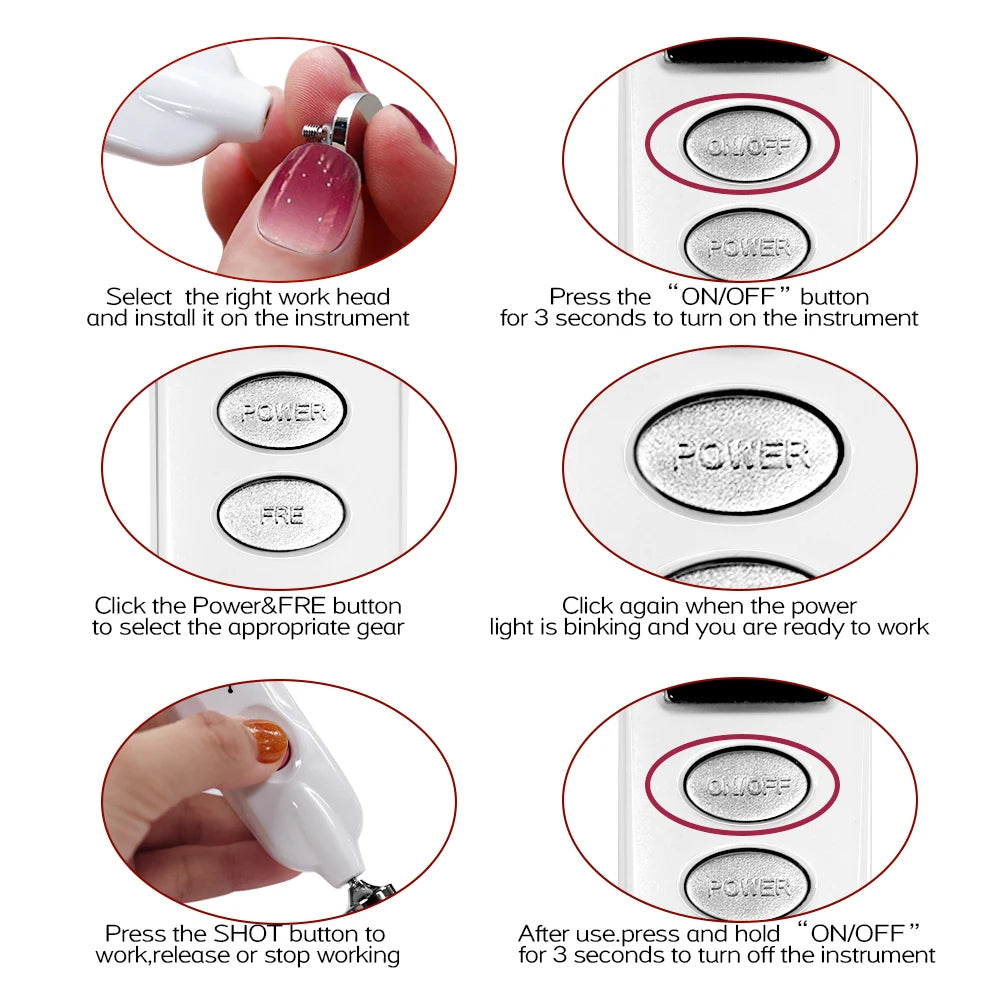 How-to guide for plasma pen skin tag, mole, and dark spot remover showing device buttons, power, and tip installation.