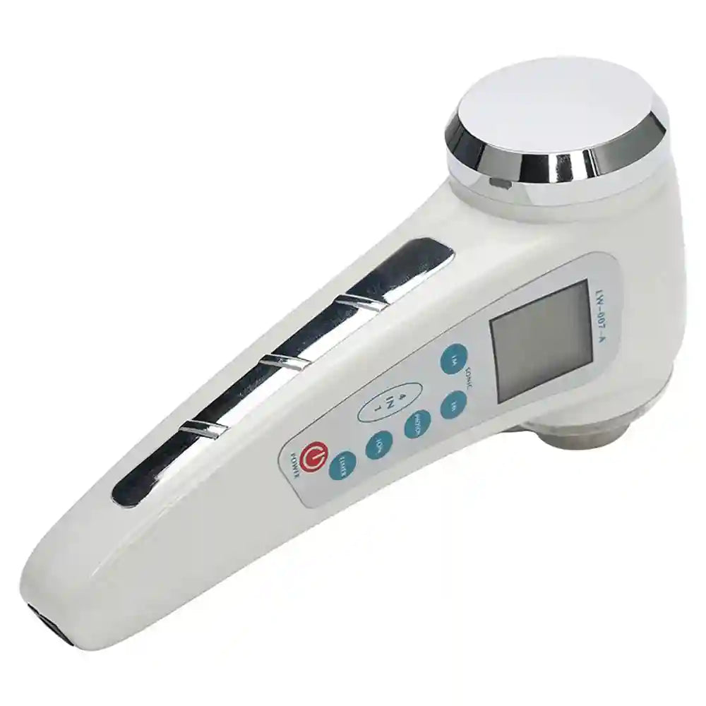 White handheld double-headed ultrasonic facial massager with chrome accents, LCD screen, and control buttons.