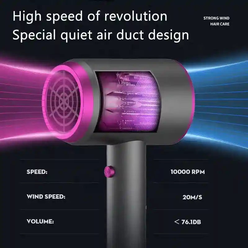 Professional 1000W ion hair dryer in grey and pink. Features quiet, high-speed 10000 RPM airflow for fast drying.