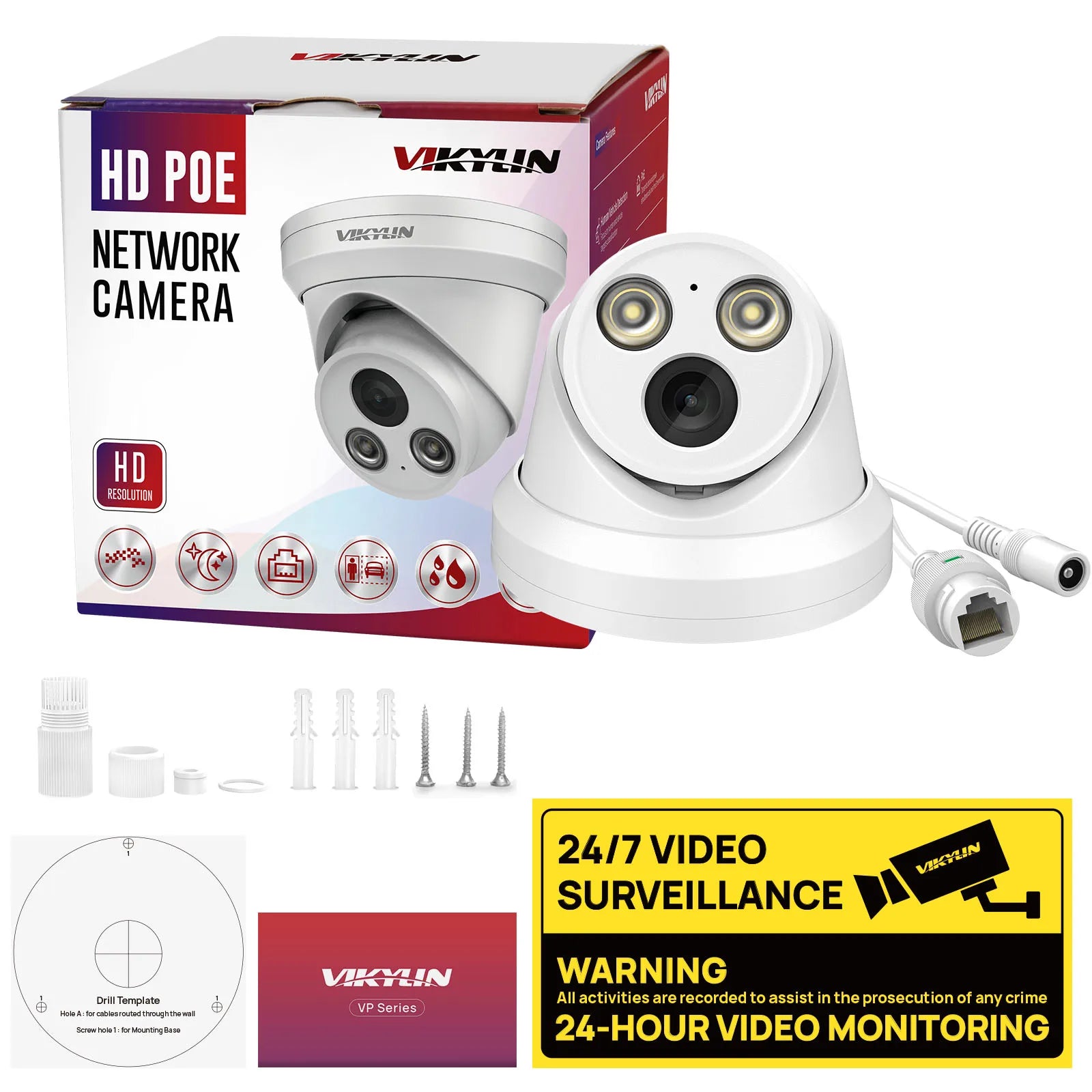 VIKYLIN 5/8MP Full Color IP Camera Outdoor POE Onvif Wide Angle 2.8mm AI Humanoid Detection Home CCTV Surveillance Camera IP67