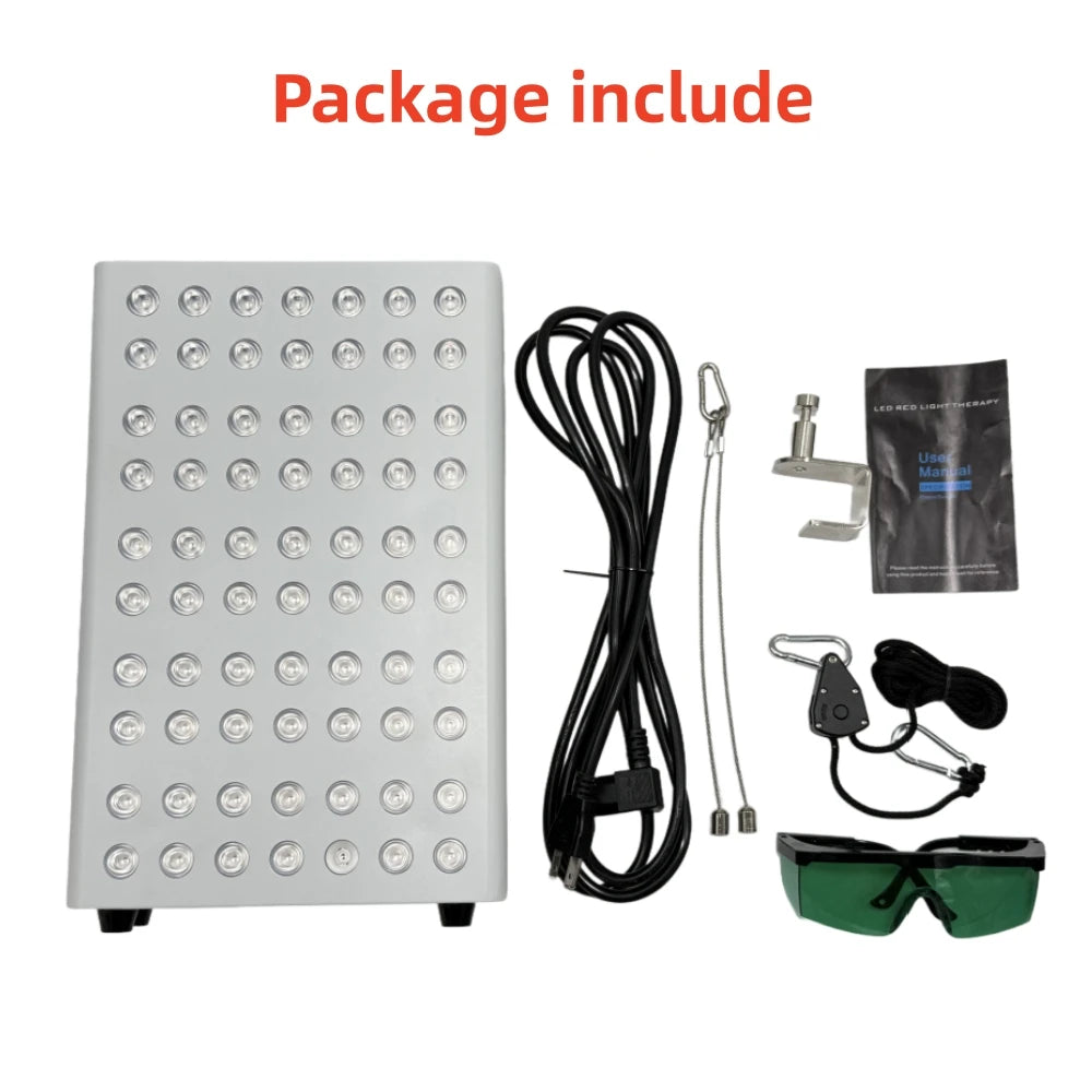 Red light therapy panel with EU plug, power cord, hanging kit, and protective glasses for skin and pain relief.