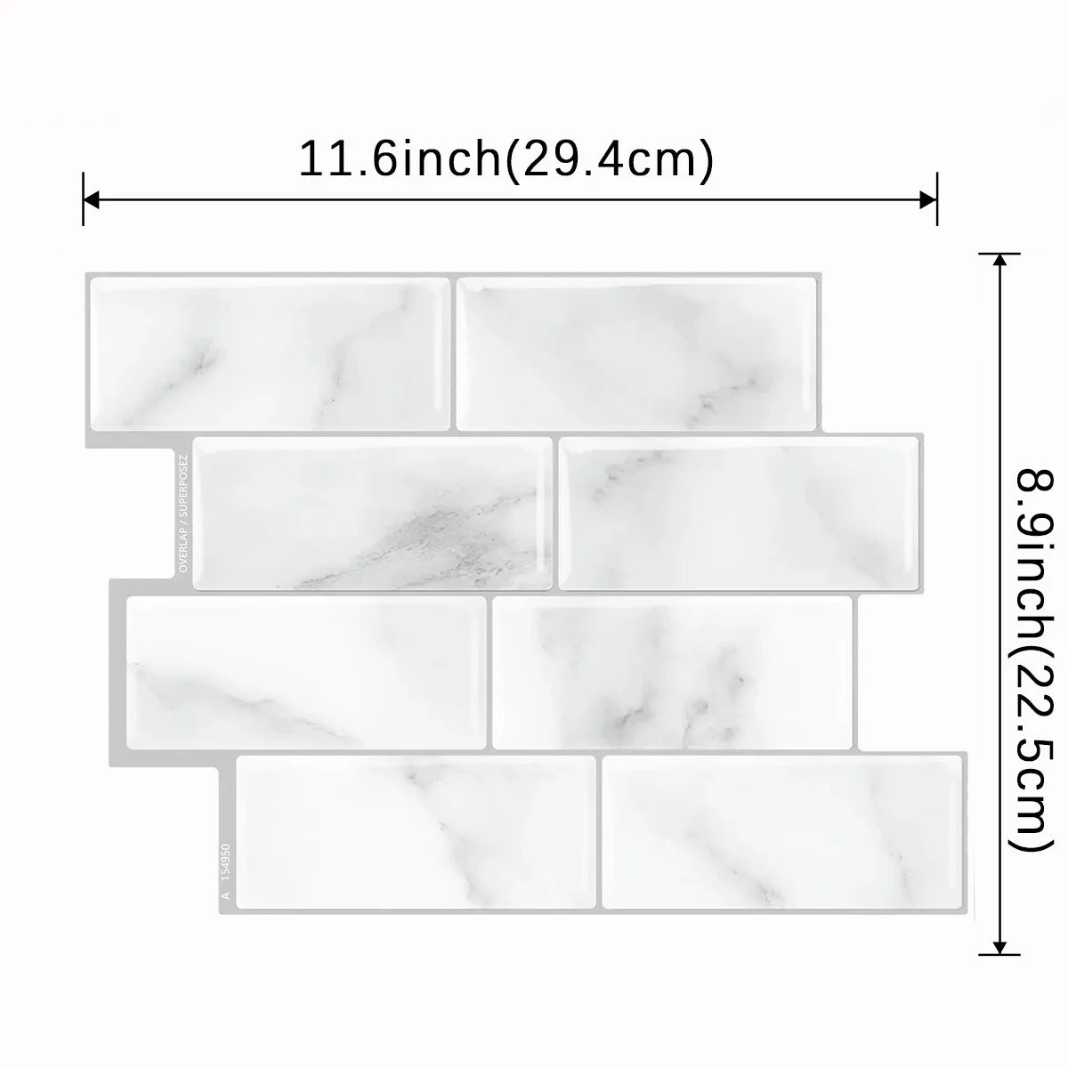 White marble-look tile peel-and-stick sheet with gray veining and rectangular blocks
