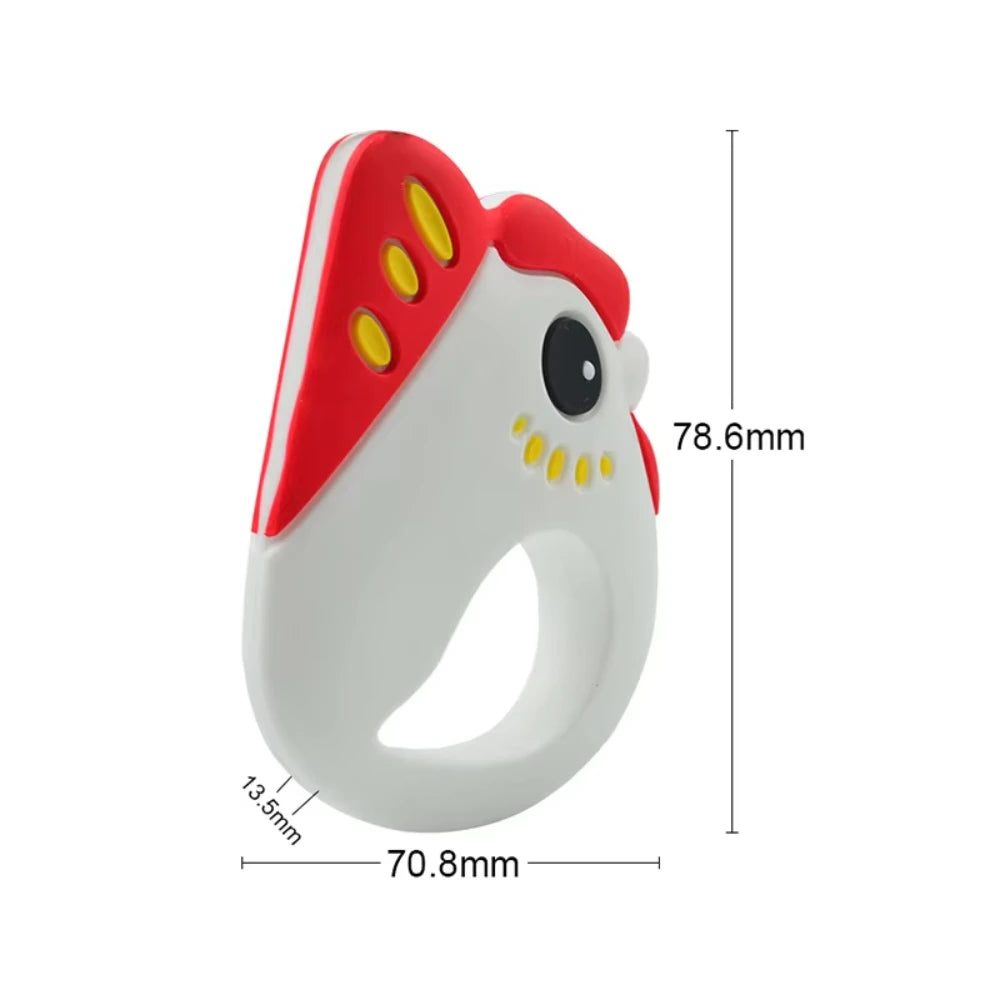 Red, white, and yellow silicone baby teething ring toy for infant gum relief.
