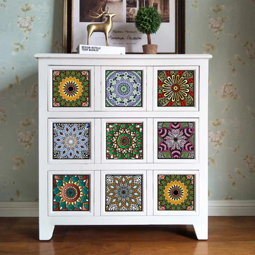 10 pcs/pack, Floral Mandala PVC Self-Adhesive Tile Stickers - Waterproof, Oil-Proof, Easy to Clean for Home Decoration
