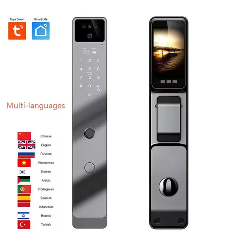 Smart WiFi door lock with keypad, camera display window, and latch handle in silver and black