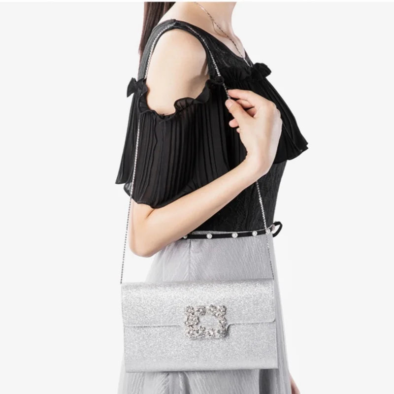 2025 New Fashionable Silver sequined Women's One Shoulder Chain Women's Bag  Luxury Designer Elegant Rhinestone Banquet Handbag