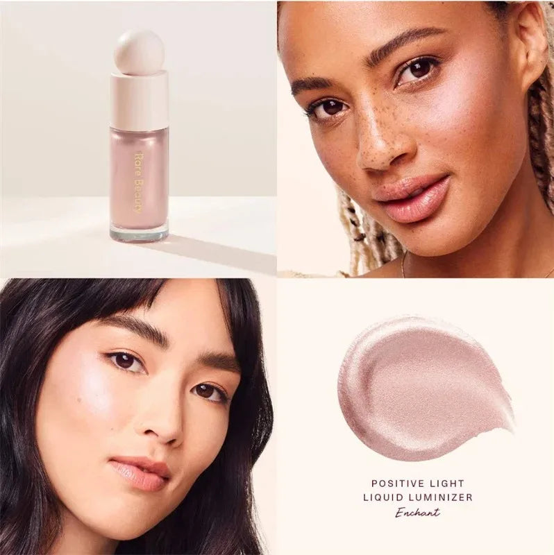 Rare Beauty Positive Light Liquid Luminizer in Enchant: shimmering pink liquid highlighter swatched and applied on models.