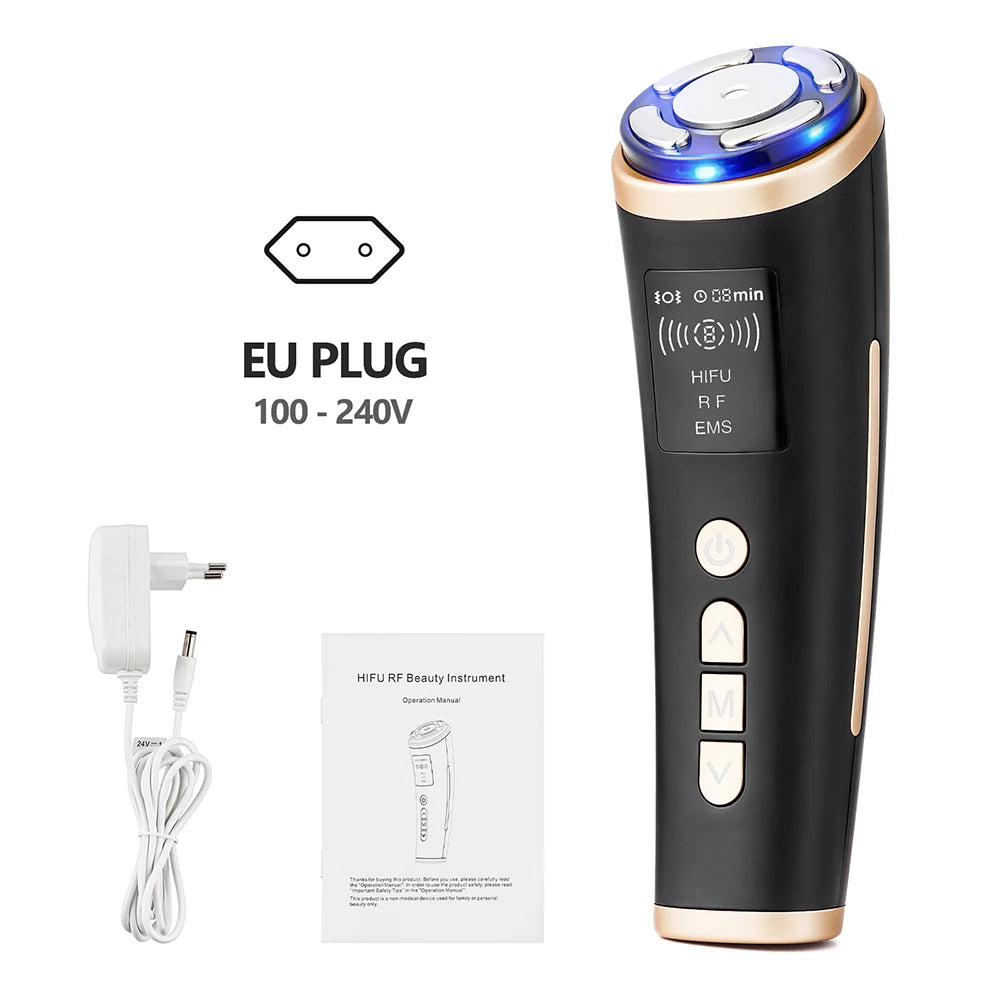 Black and gold mini HIFU facial device with blue LED light, EU power adapter, and user manual.
