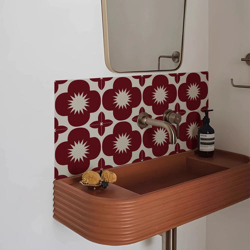 Peel-and-stick Moroccan tile stickers, red and cream floral pattern, 10 pcs.