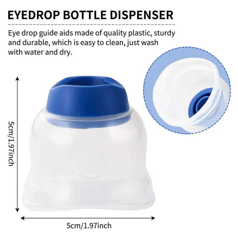 Reusable blue and clear plastic eye drop guide tool for precise, easy medication application for eye drop bottles.