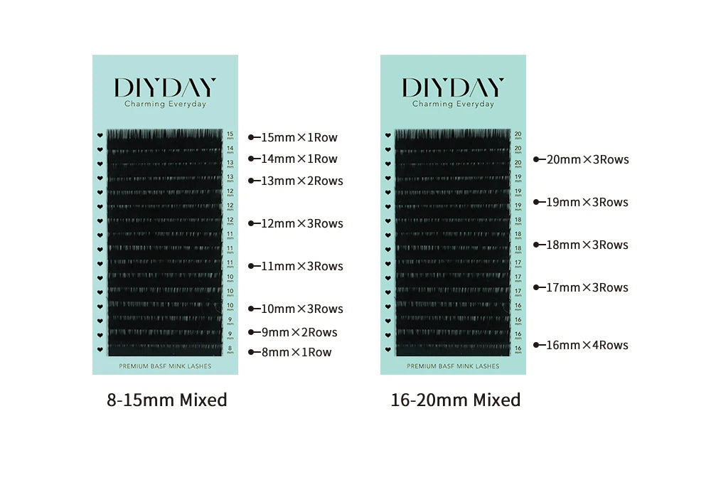 Two trays of black DIYDAY individual mink lash extension sets in mixed lengths, labeled 8-15mm and 16-20mm.