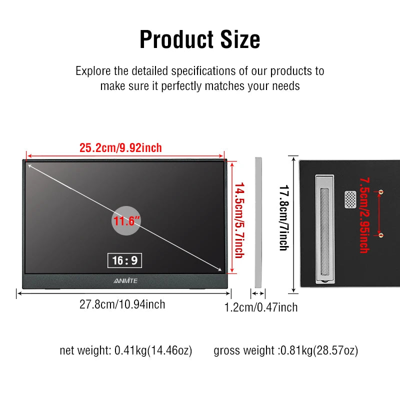 11.6/14/16/18.5 Inch Wireless Projection Monitor Automatic rotation Portable Display for Laptop, Mac and Phone WiFi Projection