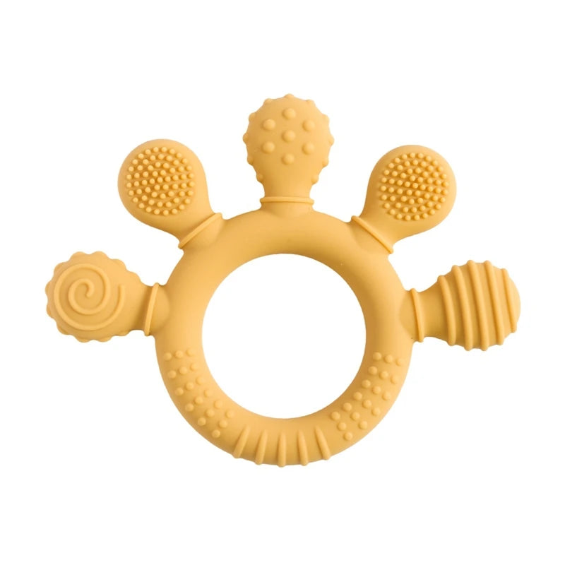 Mustard yellow silicone baby teething ring toy for infant gum relief.