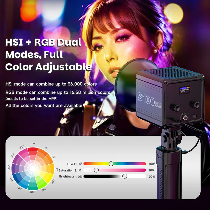 Compact square LED video light with HSI and RGB color control modes, mounted on a stand for photography lighting.