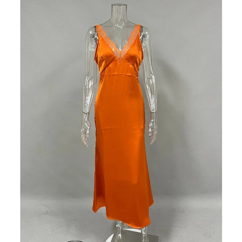 Tsiisd Contrast Lace V-Neck Camisole Long Dress Women's Sleeveless Slim Summer Beach Style Party Dress Female Halter Dress 2026