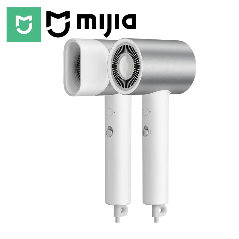 Mijia H500 water ion hair dryer in silver and white with sleek, compact design and magnetic styling nozzle attachment.