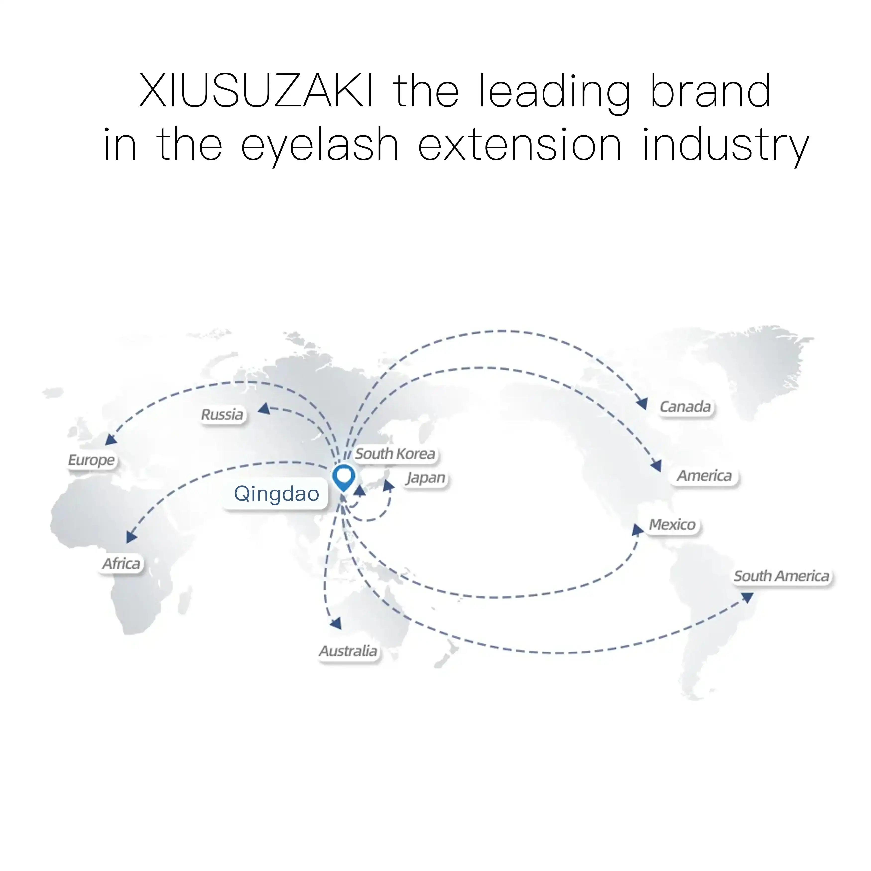 World map graphic showing global shipping routes for eyelash extensions from a central hub in Qingdao.