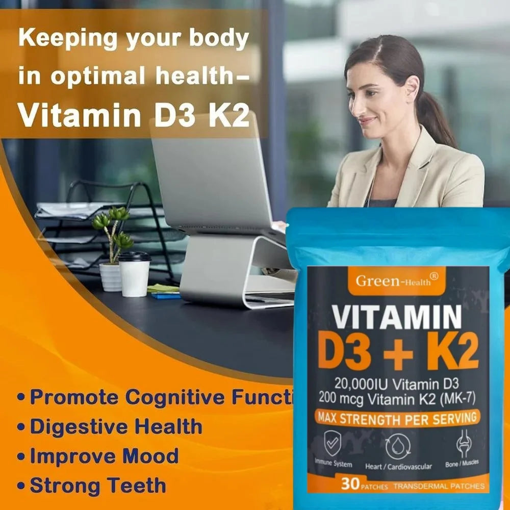 Tidesmit Vitamin D3 & K2 transdermal patches for bone support, calcium absorption, and immune health (30 patches).