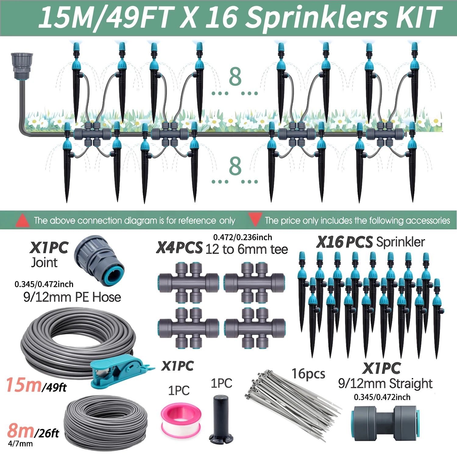 3/8" 12mm PE Hose 360° Adjustable 2-in-1 Misting Quick Connect Sprinkler Micro Dripper Sprayer Garden Irrigation Watering System