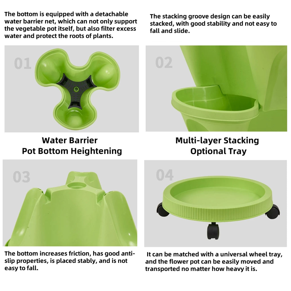Green stackable planter base with detachable water barrier and optional round tray