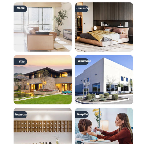 Wireless intercom doorbell system shown for Home, Villa, Teahouse, Workshop, and Hospital