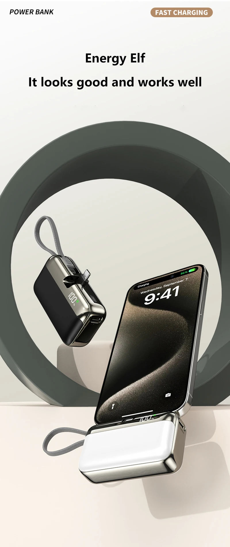 Tidesmit 20000mAh Portable Power Bank with Built-in Fast Charging Cable Tidesmit