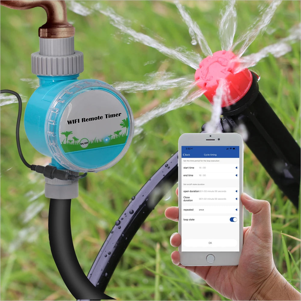 WiFi remote timer sprinkler controller with blue dial and black hose, watering green yard