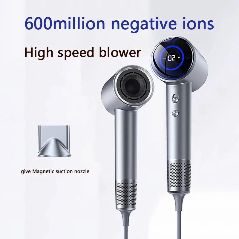 Silver 1600W high-speed ionic hair dryer with LED display and magnetic nozzle for professional hair styling.