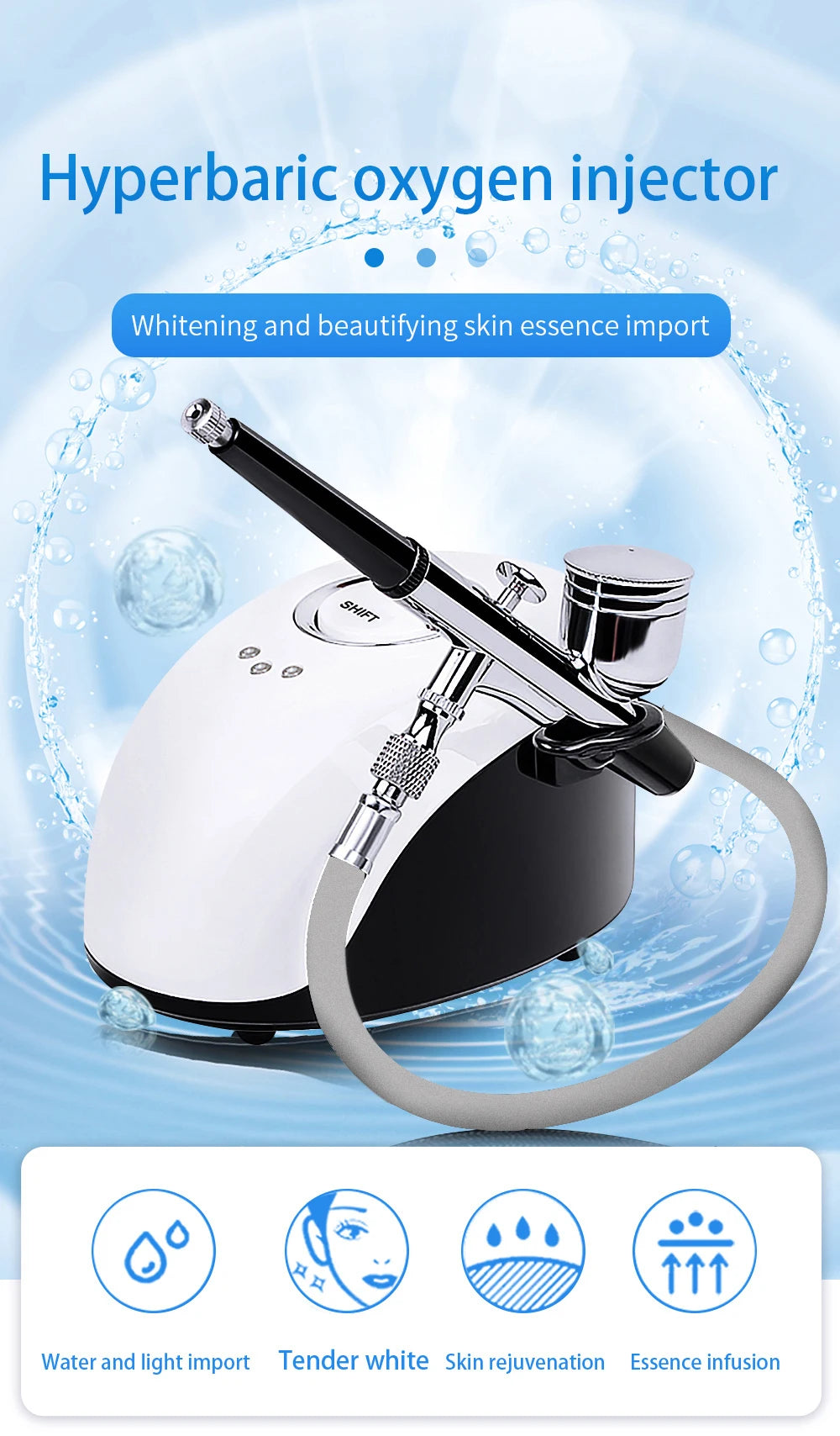 A black and white portable hyperbaric oxygen facial airbrush injector with a chrome spray gun and connecting hose.