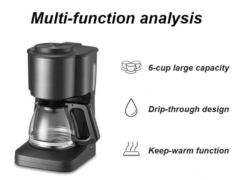 Matte black 6-cup drip coffee maker with glass carafe, featuring a keep-warm function and simple modern design.
