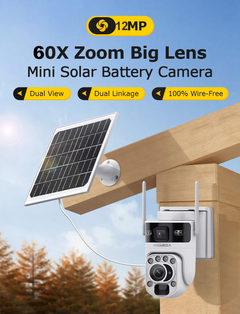INQMEGA 12MP 60X Optical Zoom 4G/WiFi Solar Camera Dual Screen PTZ PIR Detection Auto Tracking CCTV Surveillance Cameras Ubox