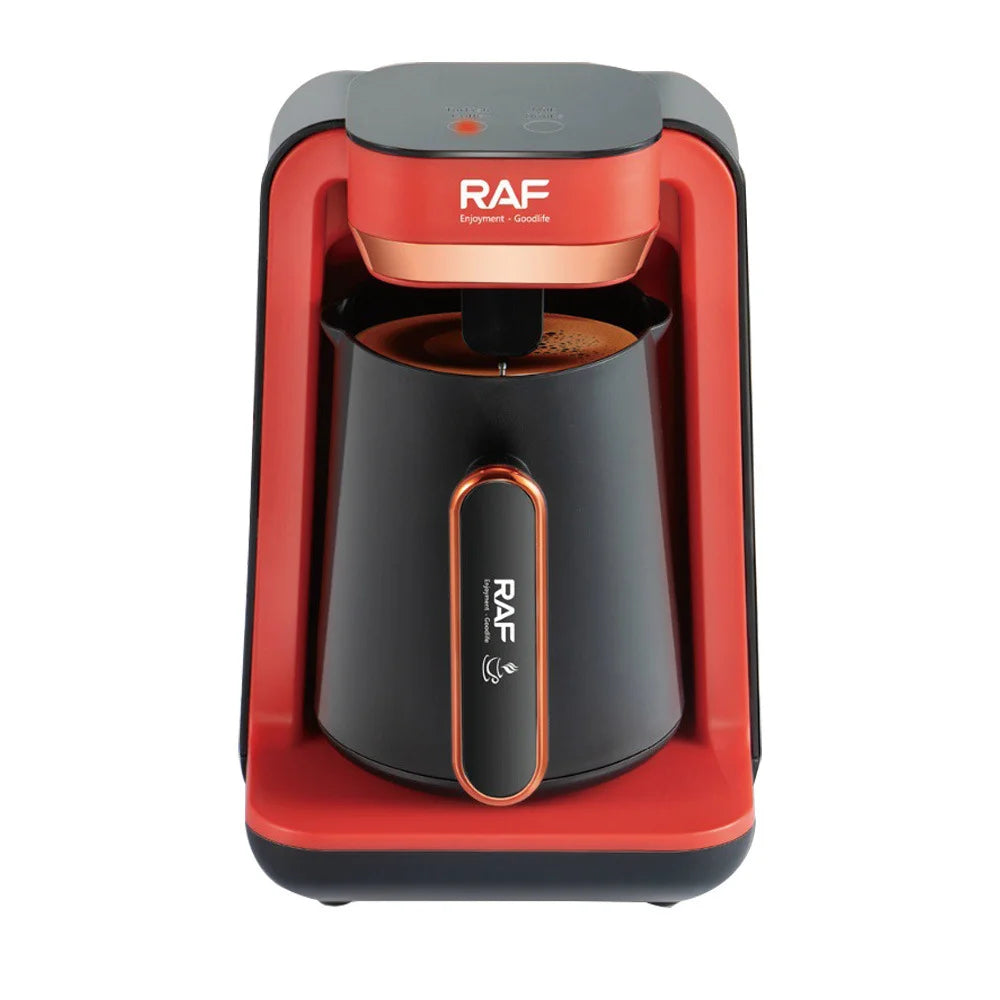 RAF electric Turkish coffee maker in red and black with copper accents, featuring a modern, compact design.