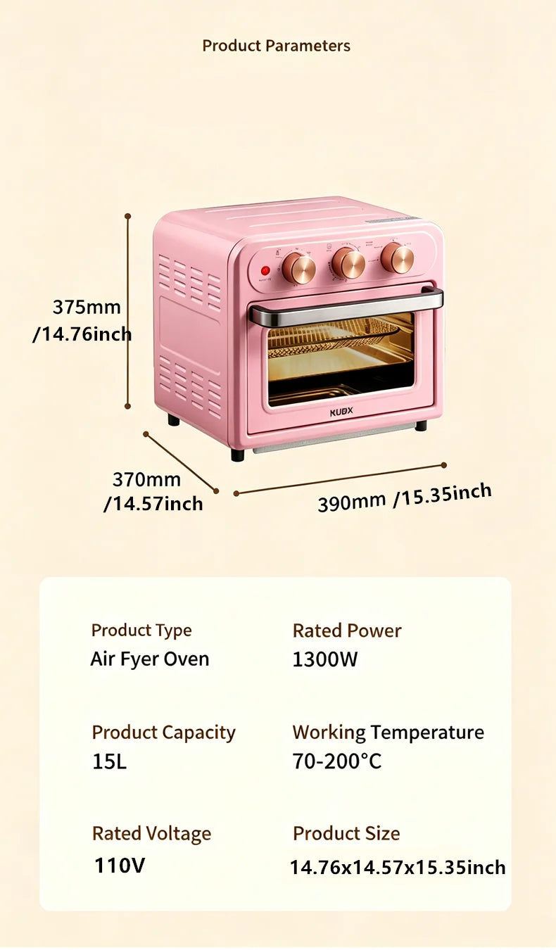 15L Visible Air Fryer Oven Retro Pink Multifunctional Toaster Oven Oil-Free Baking Mini Electric Oven 15.85QT Countertop Oven
