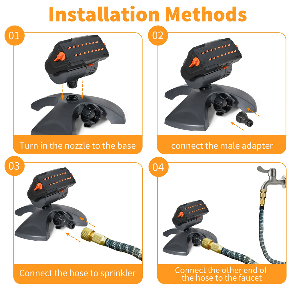 Oscillating water sprinkler installation steps showing nozzle, base, and adapters