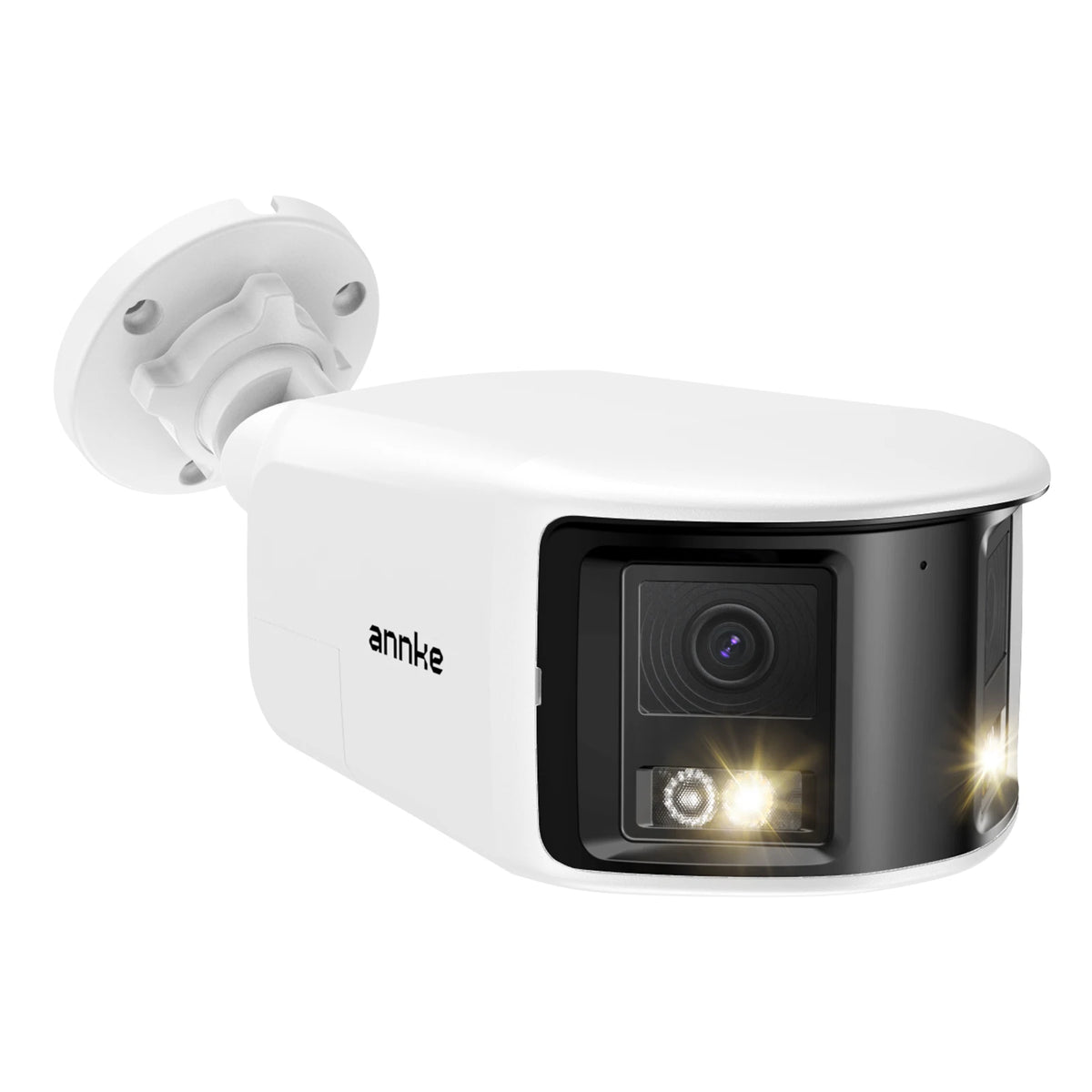 White outdoor security camera with wall mount bracket and dual-lens lens window