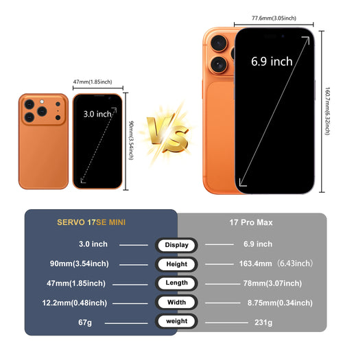 SERVO 17SE mini smartphone size comparison chart with 3.0-inch orange phone vs 6.9-inch phone. Front and back view.
