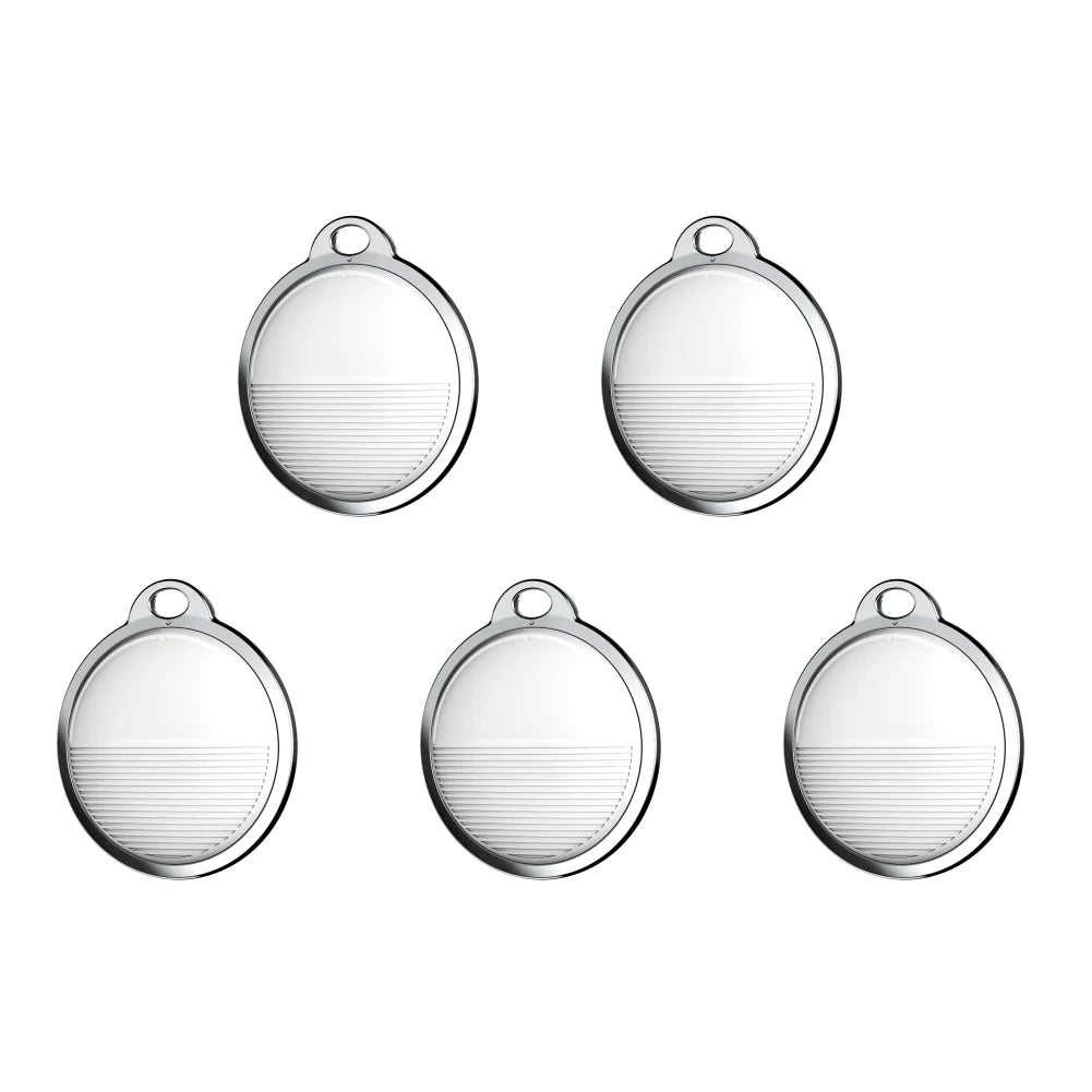 Five white mini smart GPS trackers for Apple Find My, secure pet collar locator tags for iOS tracking.