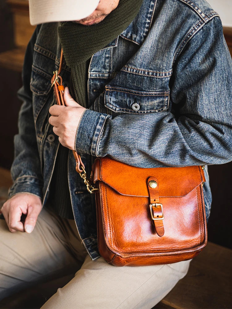 Fashion vintage outdoor daily genuine leather men's small phone shoulder bag designer handmade luxury cow leather crossbody bag
