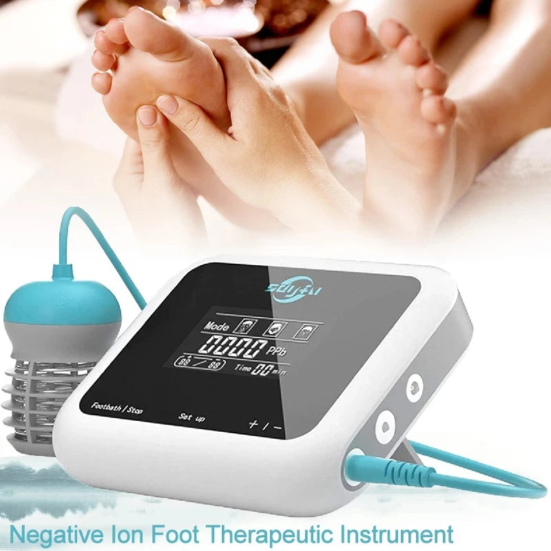 White electric ionic foot detox spa machine with digital display, therapy array, and blue cable for wellness at home.