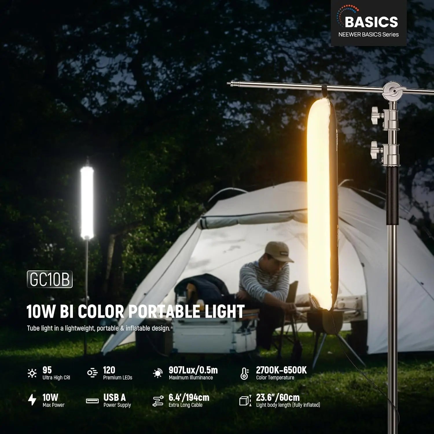 GC10B 10W inflatable LED tube light, 23.6-inch length, adjustable color temperature for portable outdoor lighting.