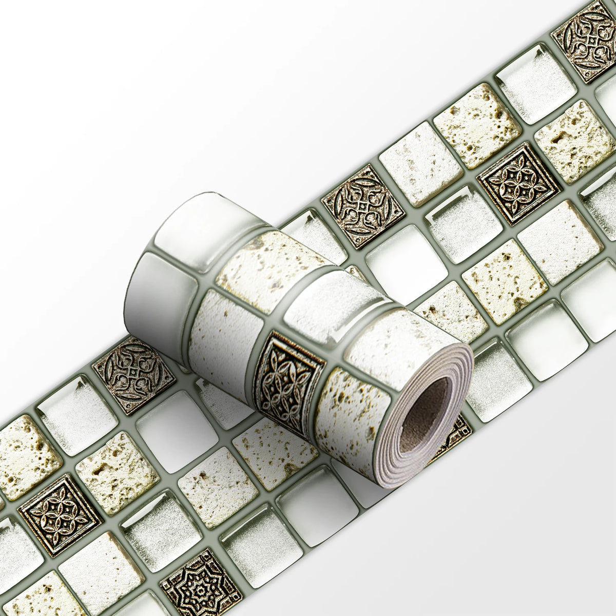 Mosaic tile wall sticker strip roll with white and silver tiles with ornate gold squares