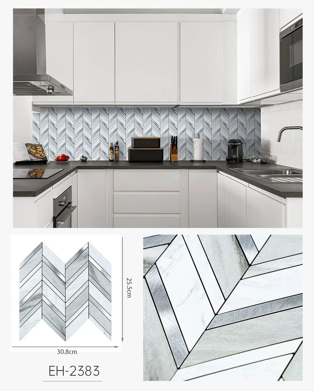 Herringbone peel-and-stick faux stone backsplash tiles, light gray chevron