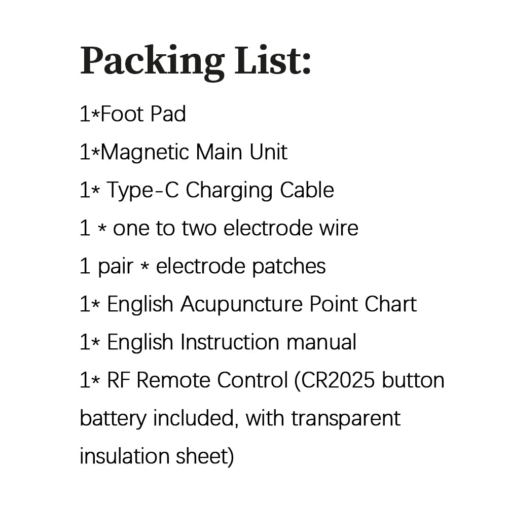Packing list for 3D Smart Foot Massage Pad with RF remote, magnetic unit, electrode patches, and charging accessories.