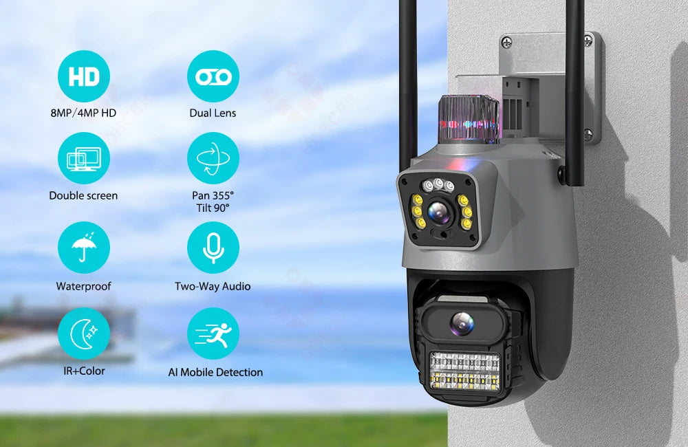 Outdoor Wifi PTZ Camera 4K 8MP HD Dual-Lens Dual Screen Camera AI Auto Tracking 4MP Video Surveillance Police Light Alarm iCSee